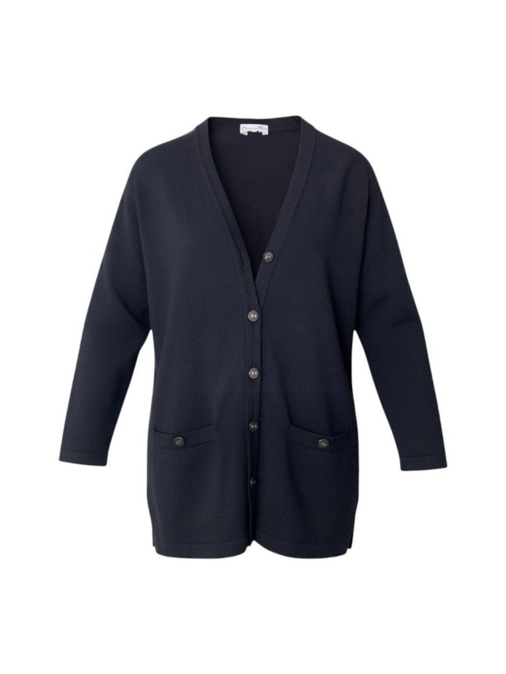 Dior Long Sleeve Knit Cardigan Tunic Length Logo Button Black Wool L